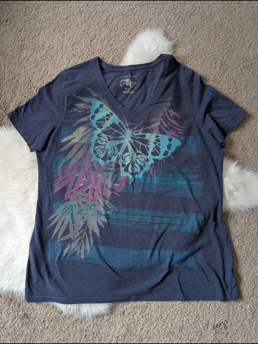 Just My Size Navy V-Neck Butterfly Graphic Tee with Teal and Purple Accents 1X